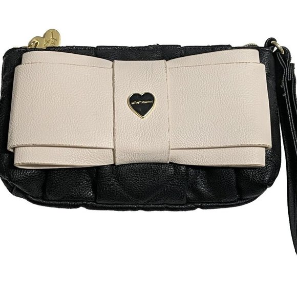 BETSY JOHNSON Black Cream Faux Leather Medium Size Clutch with Front Bow Tie - Picture 1 of 6